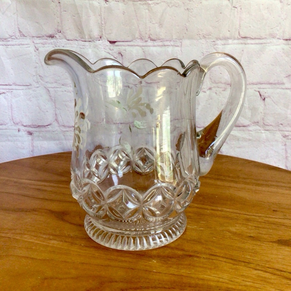 Vintage Hand Painted Floral Clear Glass Pitcher